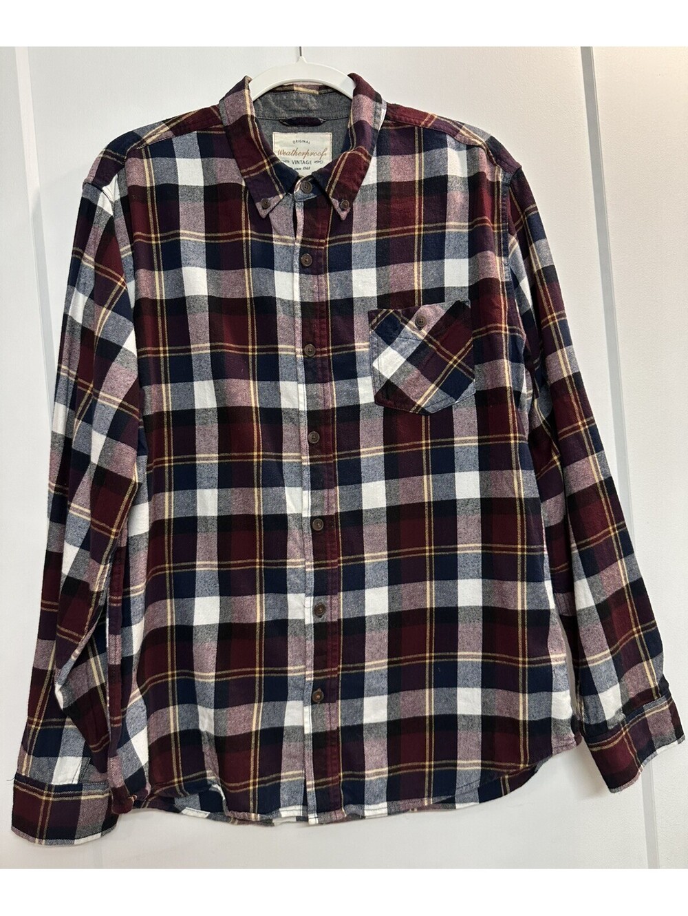WEATHERPROOF “Vintage” Men’s LG Burgundy Plaid Flannel Button Up Long Sleeve